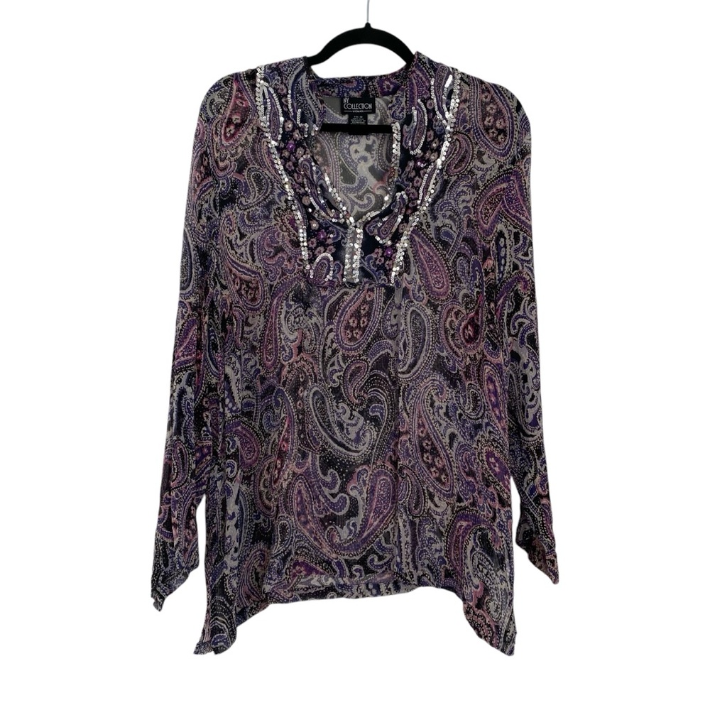 NY Collection 100% Silk Sheer Paisley Blouse Boho Sequin Plus Size 1X - Picture 3 of 10